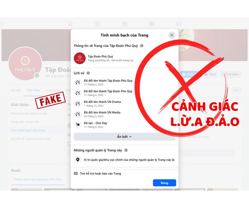 Một fanpage giả mạo thương hiệu Phú Quý để lừa đảo.