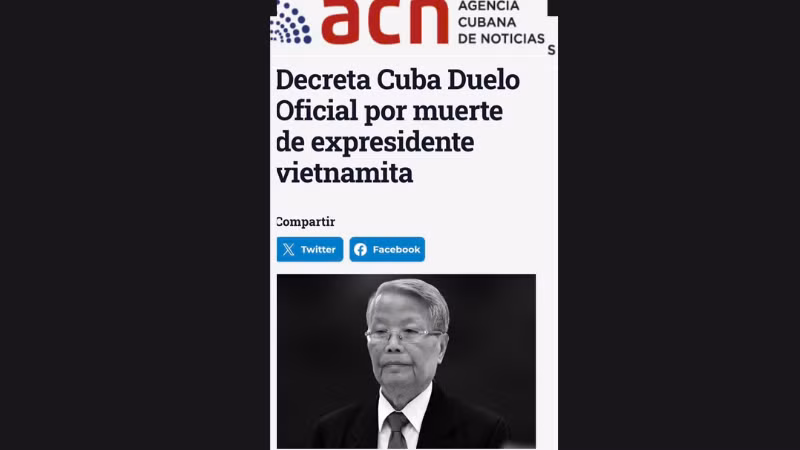 Hãng thông tấn Cuba (Agencia Cubana de Noticias - ACN) đưa tin bày tỏ sự tiếc thương trước sự ra đi của nguyên Chủ tịch nước Trần Đức Lương. (Ảnh: Đại sứ quán Việt Nam tại Cuba)