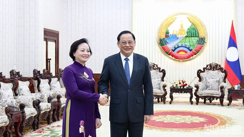 Bộ trưởng Nội vụ Phạm Thị Thanh Trà (bên trái) tại buổi tiếp kiến Thủ tướng Lào Sonexay Siphandone. Ảnh: Trịnh Dũng