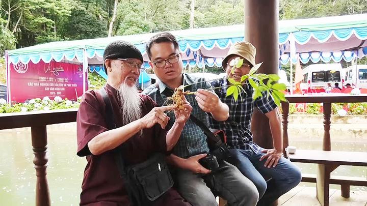 Dược sĩ Đào Kim Long (bên trái) hướng dẫn cách phân biệt cây sâm Ngọc Linh.