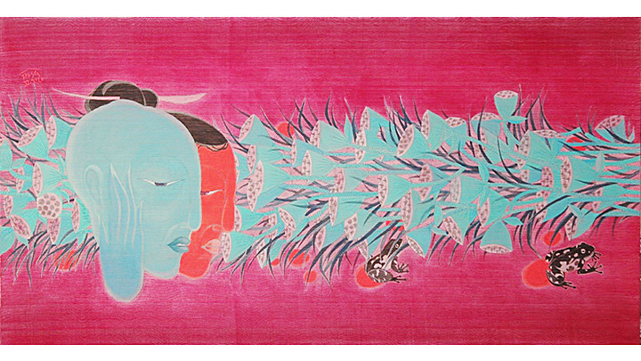 “Ếch kêu uôm uôm”, mầu tự nhiên trên lụa. Tranh: TRẦN HOÀNG SƠN