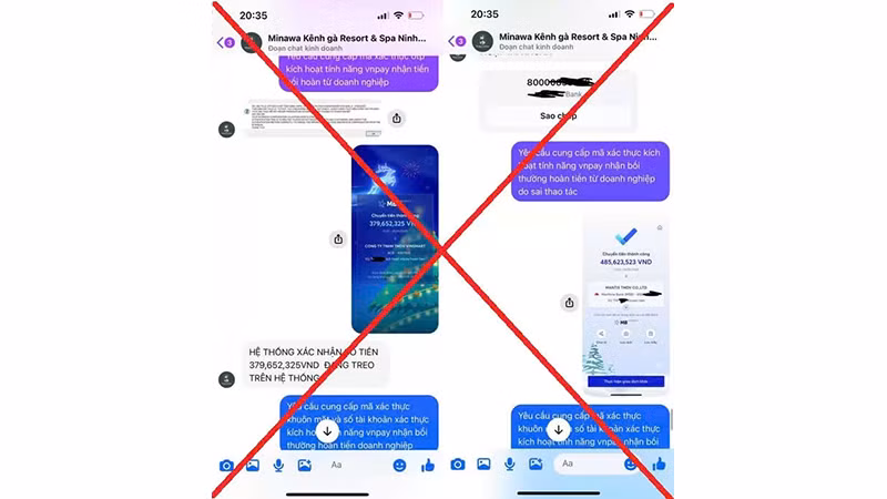 Các đối tượng tạo các trang mạng giả khu Minawa Kênh Gà resort & spa Ninh Bình để lừa đảo khách hàng. (Ảnh: Bạn đọc cung cấp)