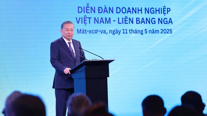 Tổng Bí thư Tô Lâm phát biểu tại Diễn đàn doanh nghiệp Việt Nam-Liên bang Nga. (Ảnh: TTXVN)