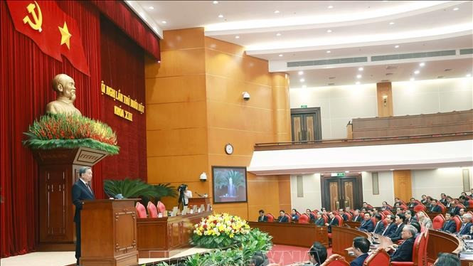 Tổng Bí thư Tô Lâm phát biểu bế mạc Hội nghị lần thứ 11 Ban Chấp hành Trung ương Đảng khóa XIII. Ảnh: Thống Nhất/TTXVN 