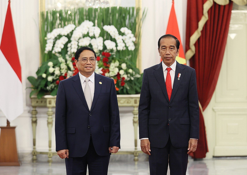 Thủ tướng Phạm Minh Chính hội kiến Tổng thống Indonesia Joko Widodo. (Ảnh: Dương Giang/TTXVN)