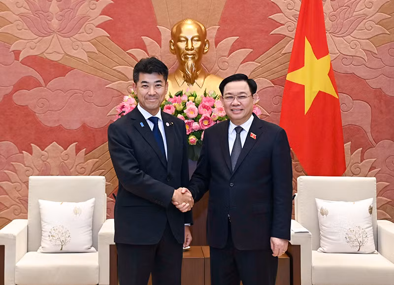 Chủ tịch Quốc hội Vương Đình Huệ và Chủ tịch Đảng Dân chủ lập hiến Nhật Bản Izumi Kenta tại buổi tiếp. (Ảnh: Duy Linh) 