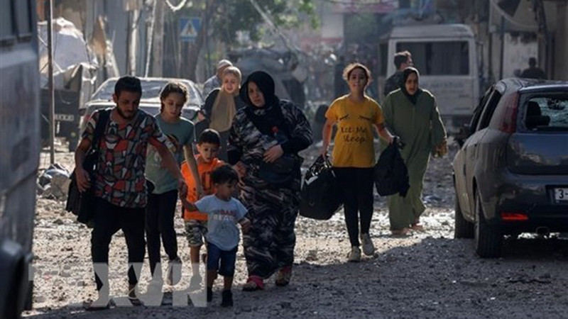 Người dân Palestine sơ tán khỏi thành phố Gaza nhằm tránh xung đột giữa Israel và Phong trào Hamas, ngày 11/10/2023. (Ảnh: AFP/TTXVN)
