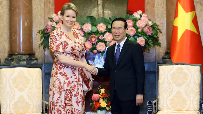 Chủ tịch nước Võ Văn Thưởng tiếp Hoàng hậu Vương quốc Bỉ Mathilde, Chủ tịch danh dự Tổ chức Bảo vệ quyền trẻ em (UNICEF) Bỉ. (Ảnh: Thống Nhất/TTXVN)