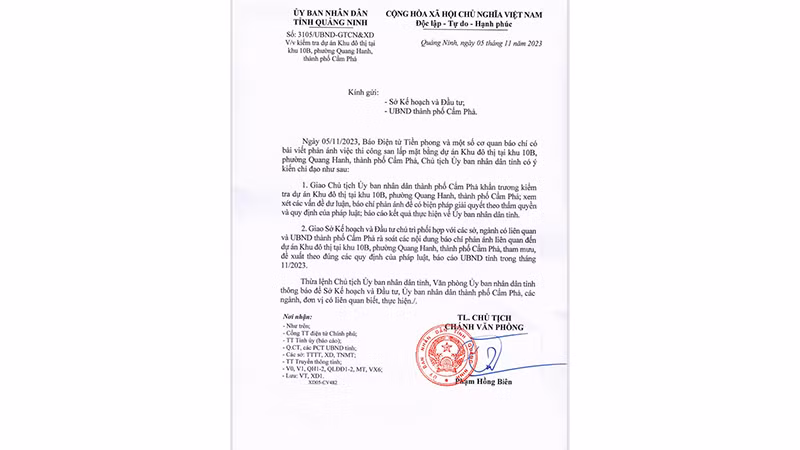 Văn bản chỉ đạo của Ủy ban nhân dân tỉnh Quảng Ninh.