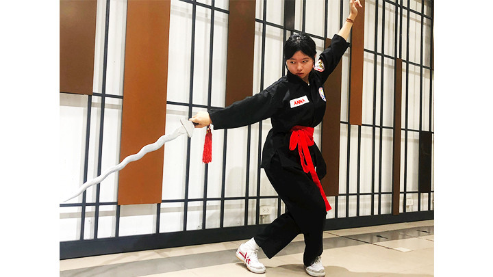 Võ sinh Vũ Trần Thiên Vân dùng trường xà kiếm và xà tấn trong thế “Xà đầu thị ngạn” (đầu rắn hướng về bờ sông). 