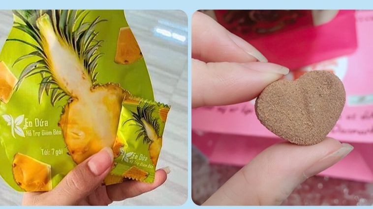 Loại kẹo sô cô la (bên phải) và kẹo dứa được quảng cáo có tác dụng giảm cân.