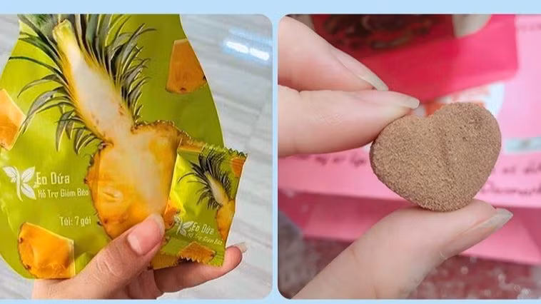 Loại kẹo sô cô la (bên phải) và kẹo dứa được quảng cáo có tác dụng giảm cân.