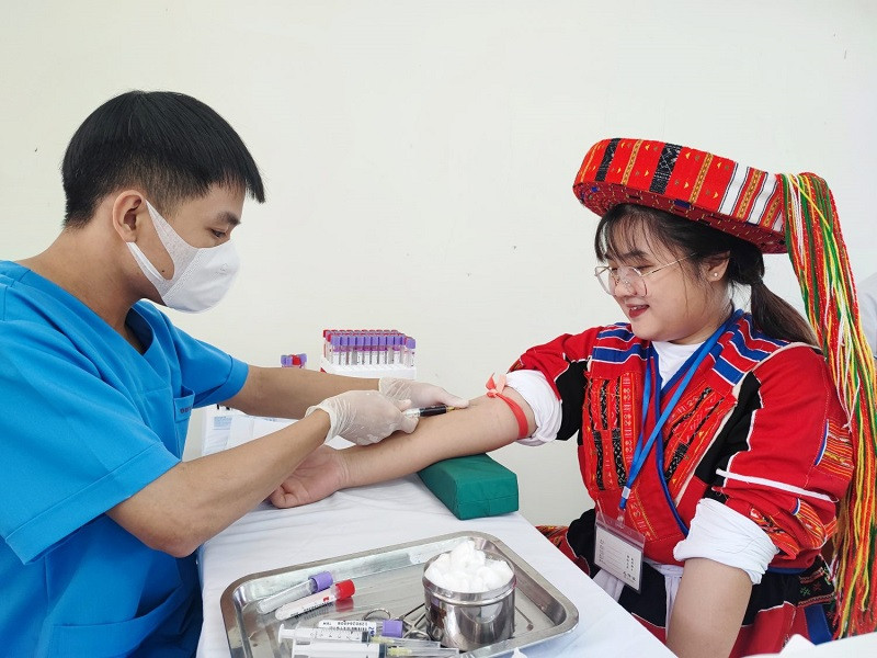 Em Dương Quỳnh Như Ngọc (dân tộc Pà Thẻn) lấy máu xét nghiệm sàng lọc.