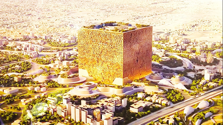 Bản vẽ mô phỏng tòa nhà Mukaab ở Riyadh.Ảnh: GETTY IMAGES