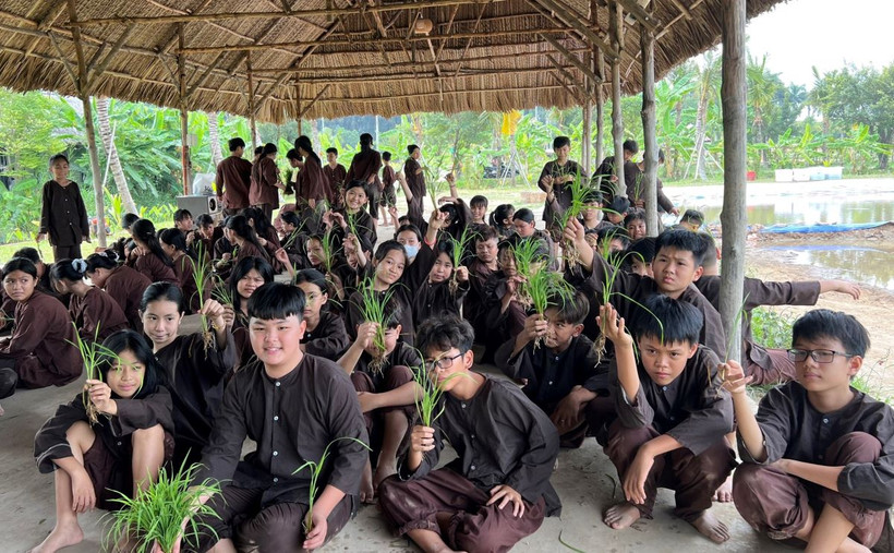 Học sinh tham gia trải nghiệm trồng lúa tại khu du lịch phức hợp giải trí Khang Thông-Happyland (Bến Lức, Long An).