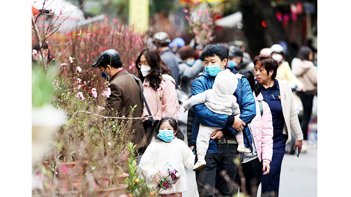 Người dân du xuân tại chợ hoa Hàng Lược (Hoàn Kiếm, Hà Nội).