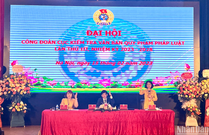 Đại hội Công đoàn cơ sở Cục Kiểm tra văn bản Quy phạm pháp luật (Bộ Tư Pháp) khai mạc chiều 15/2 tại Hà Nội. (Ảnh: THANH HÀ)