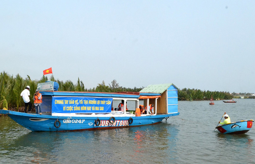 Thả tôm sú giống xuống khu vực rừng dừa Bảy Mẫu. (Ảnh: Q.V)