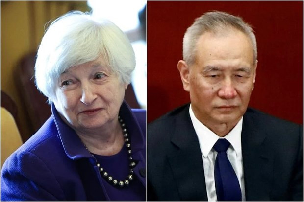 Bộ trưởng Tài chính Mỹ Janet Yellen và Phó thủ tướng Trung Quốc Lưu Hạc. (Ảnh: Straits Times)