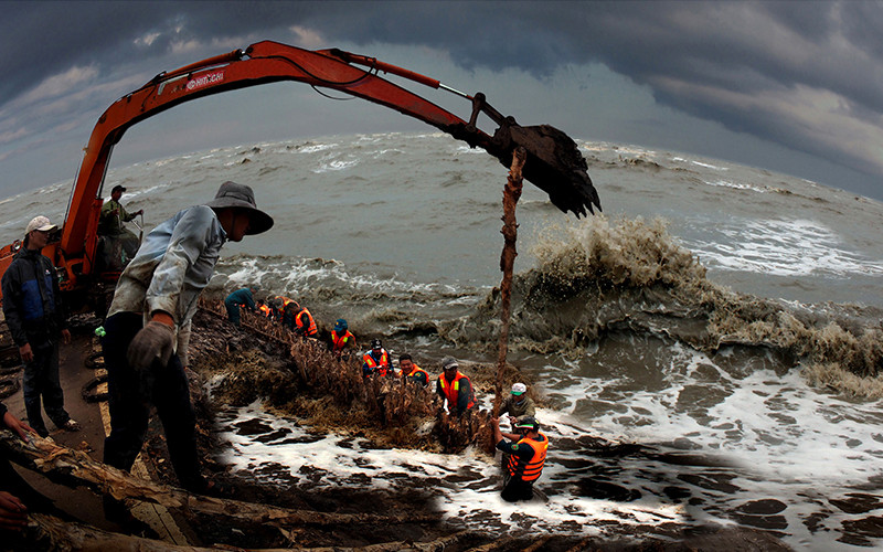 Hộ đê khu vực Đá Bạc-Kênh Mới, huyện Trần Văn Thời, tỉnh Cà Mau. Ảnh: NSNA Thanh Dũng