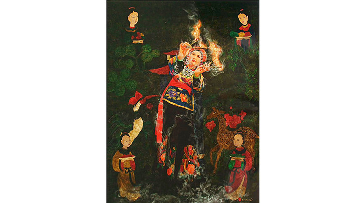 Bức tranh “Chầu đệ nhị thượng ngàn” của họa sĩ Trần Tuấn Long. 