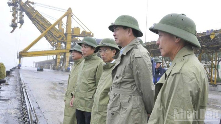 Chủ tịch Hội đồng thành viên TKV Ngô Hoàng Ngân (thứ 2 từ trái sang) kiểm tra công tác ứng phó bão tại Cảng Cửa Ông. ndo_br_ong-ngo-hoang-ngan-1158.jpg