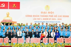 Ban Chấp hành, Ban Thường vụ Liên đoàn Lao động Thành phố Hồ Chí Minh nhiệm kỳ mới ra mắt Đại hội. (Ảnh: VIỆT DŨNG) 