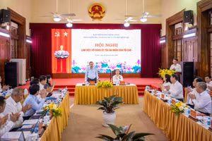  Chủ tịch Quốc hội Trần Thanh Mẫn, Trưởng đoàn kiểm tra, giám sát số 11 của Bộ Chính trị chủ trì làm việc với Đảng ủy Tòa án nhân dân tối cao. (Ảnh: DUY LINH)