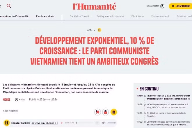Báo Nhân đạo nhấn mạnh mục tiêu đề ra từ Đại hội XIV của Đảng Cộng sản Việt Nam, đạt tốc độ tăng trưởng GDP bình quân từ 10%/năm trở lên.