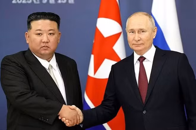 Nhà lãnh đạo Triều Tiên Kim Jong Un và Tổng thống Nga Vladimir Putin tại cuộc hội đàm năm 2023. (Ảnh: Kremlin.ru)