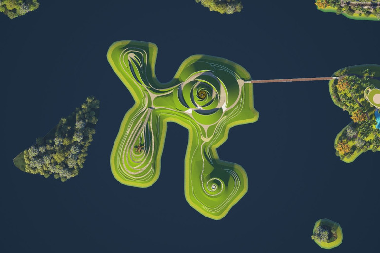 Vista de cima, a Lua se assemelha a uma camélia florescendo no meio de um lago. Nhìn từ trên cao, The Moon tựa một bông hoa trà đang nở giữa mặt hồ.