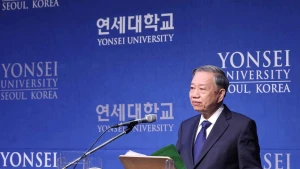 Tổng Bí thư Tô Lâm phát biểu chính sách tại Trường đại học Yonsei. (Ảnh: Thống Nhất-TTXVN)