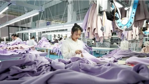 Công nhân đang làm việc tại một doanh nghiệp may mặc ở huyện Xương Lê, tỉnh Hà Bắc, Trung Quốc. (Ảnh: Tân Hoa xã)