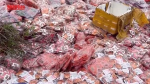 [Video] Hàng tấn bánh kẹo, thực phẩm ăn vặt không rõ nguồn gốc bị đổ bỏ tại La Phù