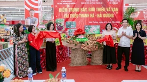 Các đại biểu thực hiện nghi thức cắt băng khai trương, mở bán sản phẩm vải thiều Thanh Hà tại hệ thống GO!.