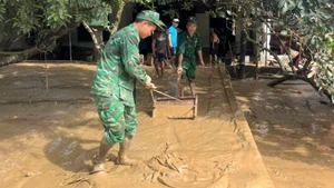 Cán bộ, chiến sĩ Bộ đội Biên phòng tỉnh Nghệ An giúp đỡ nhân dân dọn dẹp bùn đất sau lũ.