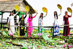 Du khách tham quan cánh đồng sen ở xã Đốc Binh Kiều, tỉnh Đồng Tháp.