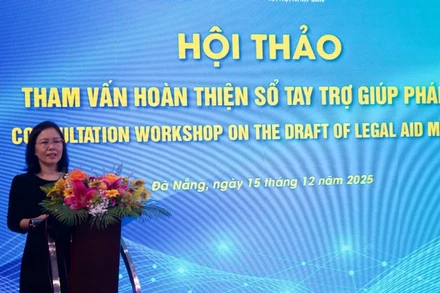 Phó Cục trưởng Phổ biến, giáo dục pháp luật và Trợ giúp pháp lý, Bộ Tư pháp Vũ Thị Hường phát biểu tại Hội thảo tham vấn hoàn thiện Sổ tay trợ giúp pháp lý. (Ảnh: TL)