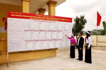 Cử tri đồng bào dân tộc thiểu số xã Phú Long, tỉnh Ninh Bình nghiên cứu tiểu sử của các ứng cử viên. (Ảnh: VĂN LÚA-YẾN TRINH)