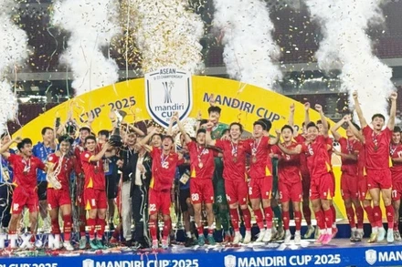 Các cầu thủ U23 Việt Nam hân hoan nâng cao cúp vô địch U23 Đông Nam Á 2025 trên sân Gelora Bung Karno. (Ảnh: TTXVN)