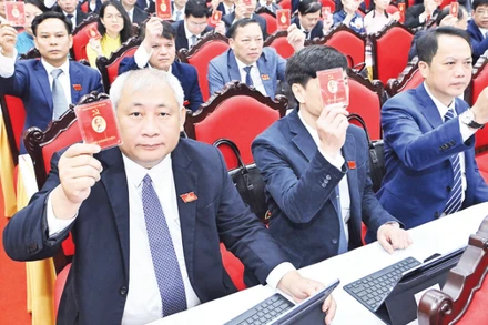 Các đại biểu dự Đại hội Đảng bộ Văn phòng Trung ương Đảng nhiệm kỳ 2025-2030 biểu quyết thông qua Nghị quyết Đại hội. (Ảnh: THỦY NGUYÊN)