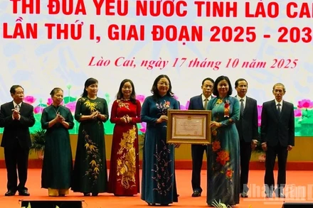 Đồng chí Nguyễn Thị Tuyến, thừa ủy quyền của Chủ tịch nước, trao Huân chương Lao động hạng Nhì cho các cá nhân. (Ảnh: THANH SƠN)