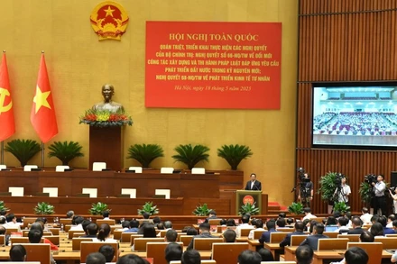 Hội nghị toàn quốc quán triệt, triển khai thực hiện Nghị quyết số 66-NQ/TW và Nghị quyết số 68-NQ/TW của Bộ Chính trị. (Ảnh: ĐĂNG KHOA-THÙY CHI)