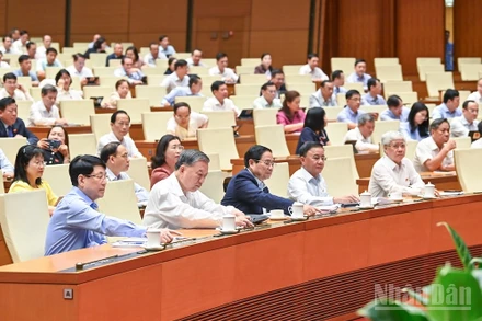 Đại biểu Quốc hội bấm nút thông qua sửa đổi, bổ sung một số điều của Hiến pháp. (Ảnh: DUY LINH)