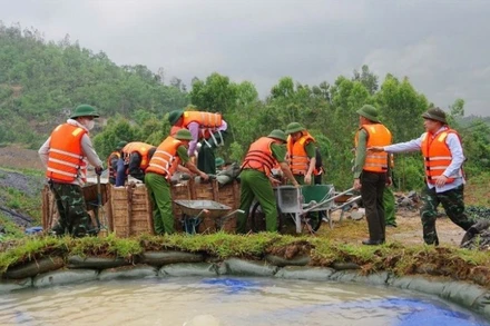 Luyện tập phòng thủ dân sự, ứng phó sự cố đê điều, hồ đập. (Ảnh: TTXVN)