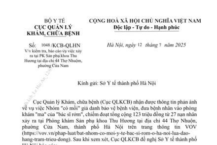 Cục Quản lý Khám, chữa bệnh (Bộ Y tế) có văn bản gửi Sở Y tế Thành phố Hà Nội về việc kiểm tra, báo cáo vụ việc xảy ra tại Phòng khám Sản phụ khoa Thu Hương tại địa chỉ 44 Thợ Nhuộm, phường Cửa Nam, Hà Nội.