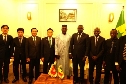 Phó Thủ tướng Lê Thành Long và Bộ trưởng Bộ Thủy lợi và Nước sạch Senegal cùng các thành viên hai nước dự cuộc làm việc.