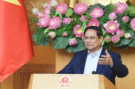 Thủ tướng Phạm Minh Chính phát biểu tại cuộc họp triển khai Triển lãm thành tựu của đất nước kỷ niệm 80 năm Quốc khánh. (Ảnh: TRẦN HẢI)