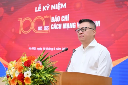 Đồng chí Lê Quốc Minh, Ủy viên Trung ương Đảng, Tổng Biên tập Báo Nhân Dân, Phó Trưởng Ban Tuyên giáo và Dân vận Trung ương, Chủ tịch Hội Nhà báo Việt Nam phát biểu tại lễ kỷ niệm.