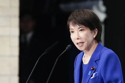 Bà Sanae Takaichi phát biểu trong cuộc bỏ phiếu bầu Chủ tịch đảng LDP cầm quyền Nhật Bản, tại Tokyo, ngày 4/10/2025. Ảnh: Kyodo/TTXVN